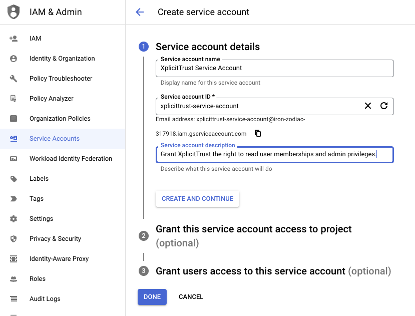 Create Service Account Screen