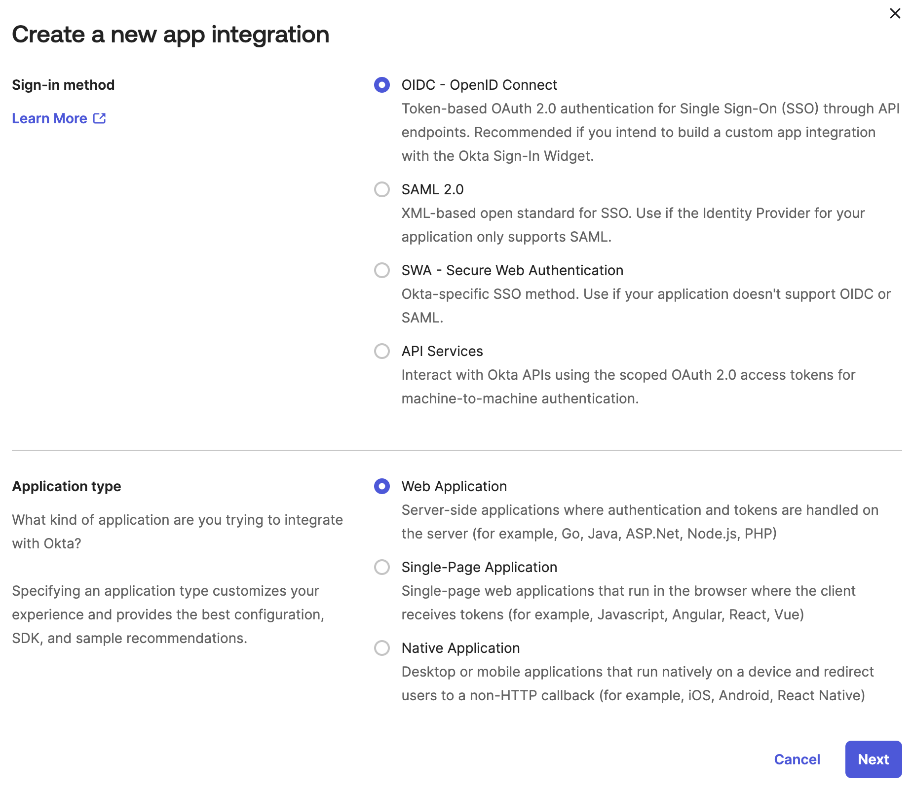 Create a new app integration screen